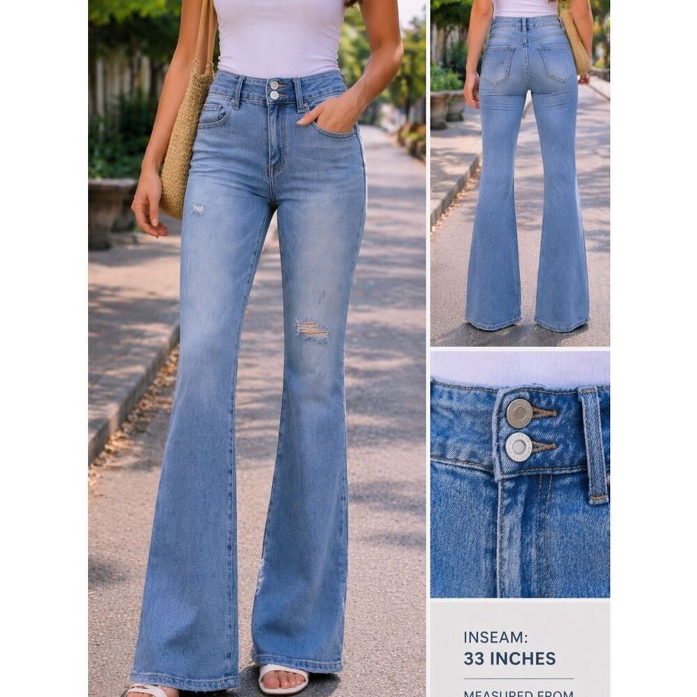 Risen Los Angeles Stretch 33" inseam high waist bell bottom jeans distressed  11